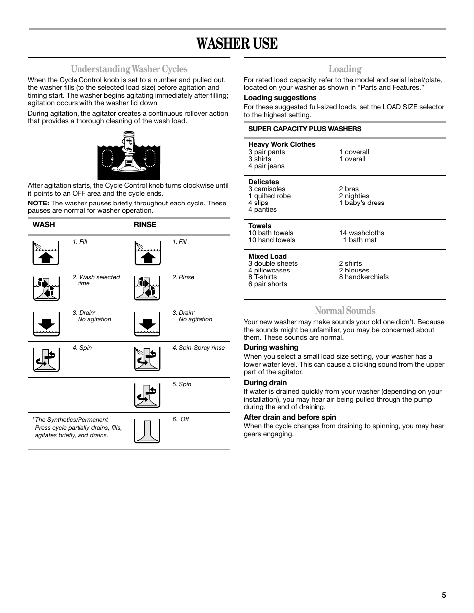 Washer use, Understanding washer cycles, Loading | Normal sounds | Whirlpool 3RLSQ8033 User Manual | Page 5 / 12