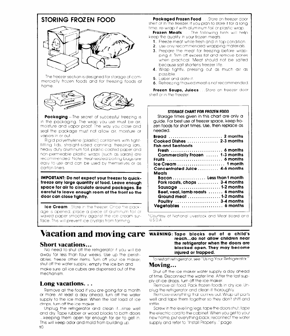 Long vacations, Moving, Vacation and moving care | Warning, Short vacations, Storing frozen food | Whirlpool ETIGJM User Manual | Page 10 / 12