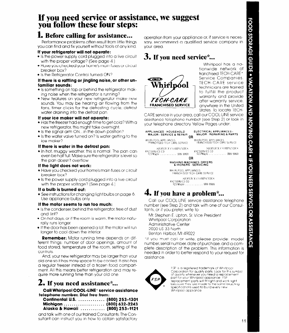 Before calling for assistance, If you need assistanee, 3« if you need service | If you have a problem, 1, before calling for assistance, Rfc¥/-ca^f, Whir sol | Whirlpool ETIGJM User Manual | Page 11 / 12