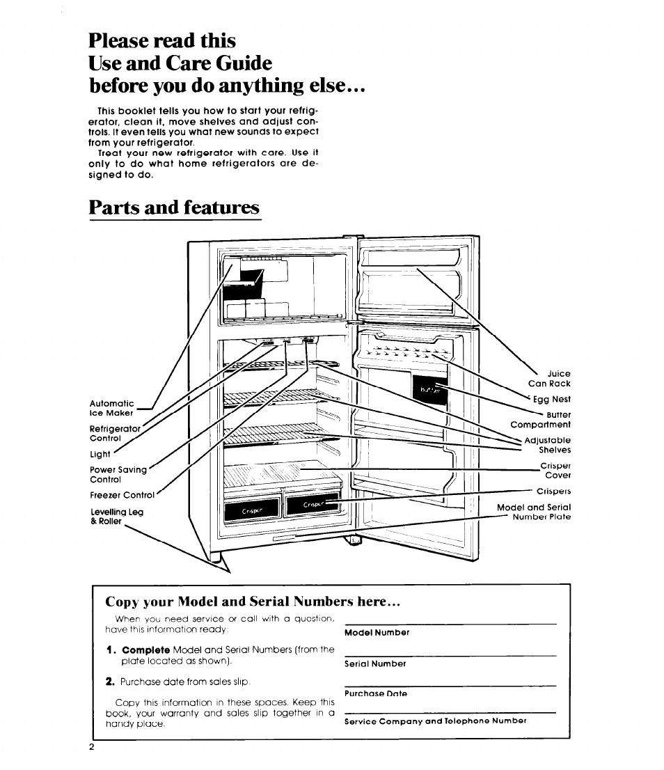 Please read this, Use and care guide, Before you do anything else | Parts and features, Copy your model and serial numbers here | Whirlpool ETIGJM User Manual | Page 2 / 12