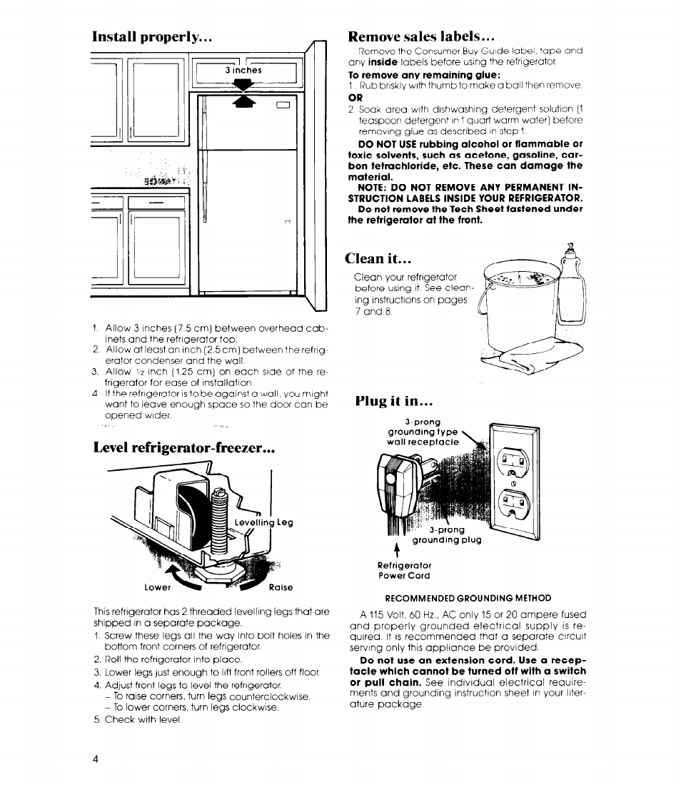 Level refrigerator-freezer, Remove sales labels, Plug it in | Level refrigerator-freezer remove sales label, Clean it | Whirlpool ETIGJM User Manual | Page 4 / 12