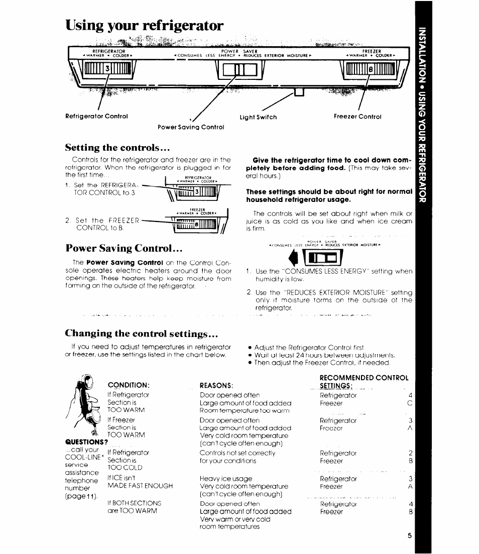 Using your refrigerator, Setting the controls, Power saving control | Changing the control settings, Lira | Whirlpool ETIGJM User Manual | Page 5 / 12