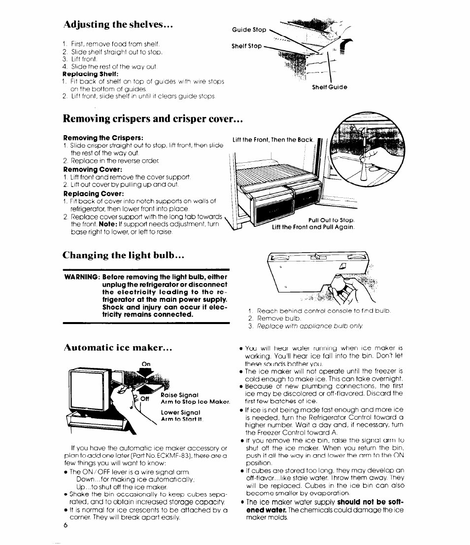 Adjusting the shelves, Changing the light hulh, Automatic ice maker | Changing the light bulb automatic ice maker, Removing crispers and crisper cover | Whirlpool ETIGJM User Manual | Page 6 / 12