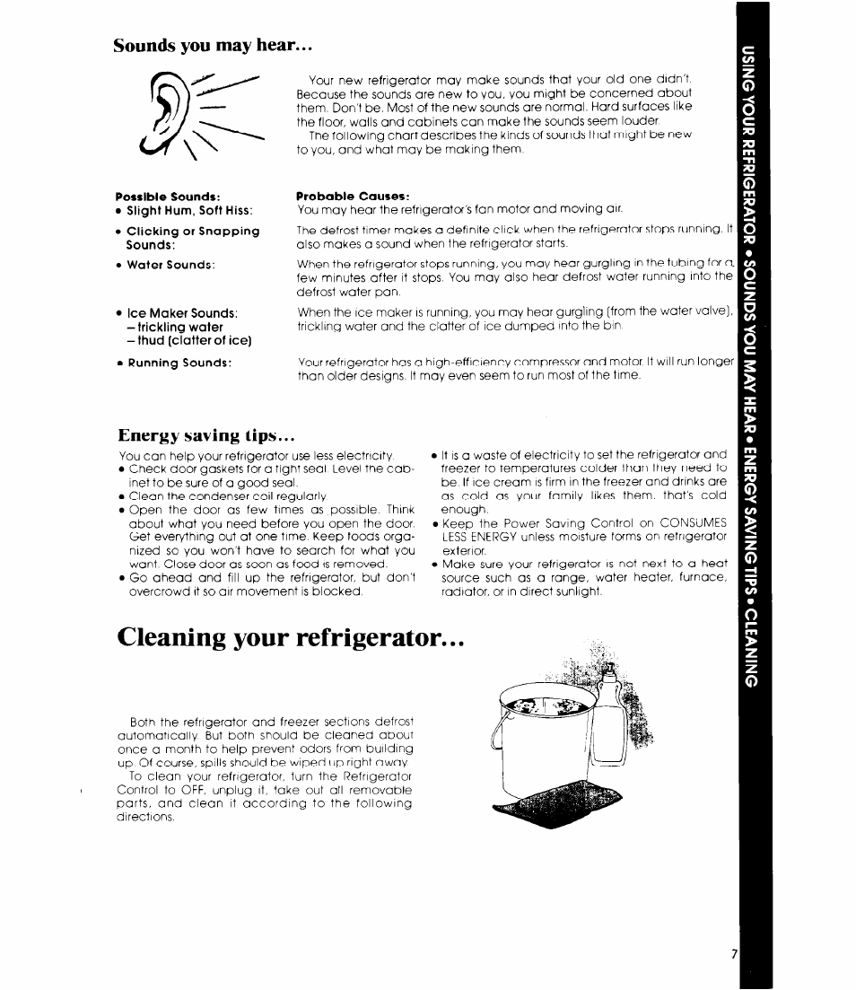 Sounds you may hear, Energy saving tips, Sounds you may hear energy saving tips | Cleaning your refrigerator | Whirlpool ETIGJM User Manual | Page 7 / 12