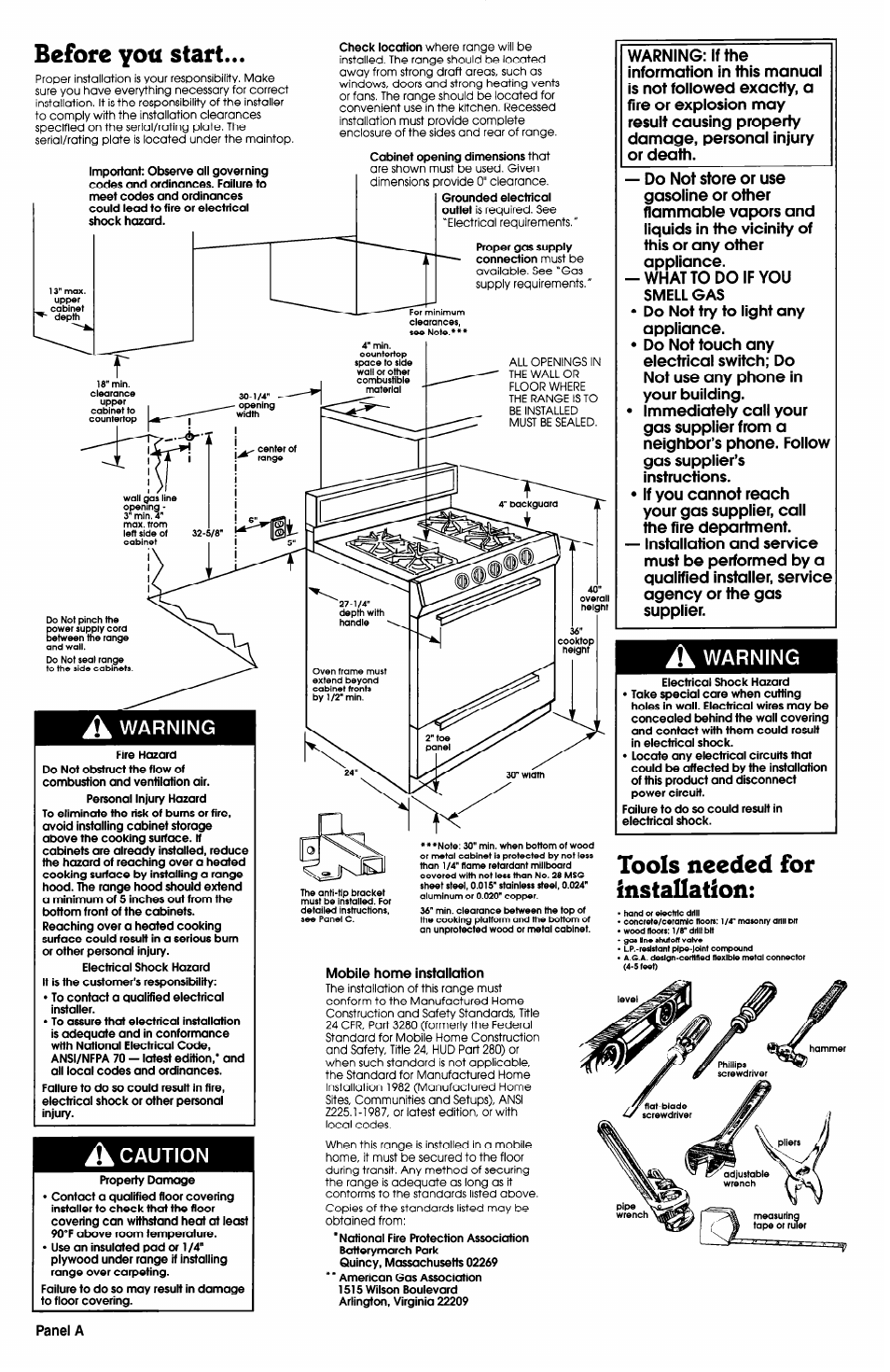 A warning, A caution, Tools needed for installation | Before you start, Caution | Whirlpool FGP300BL0 User Manual | Page 2 / 7