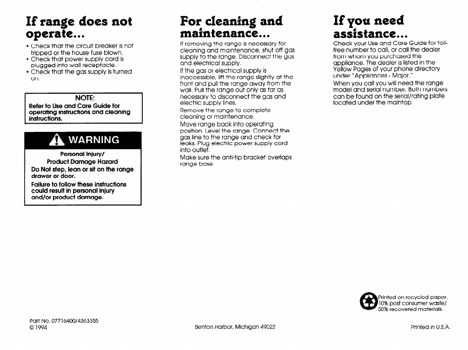 If range does not operate, A warning, For cleaning and maintenance | If you need assistance | Whirlpool FGP300BL0 User Manual | Page 7 / 7