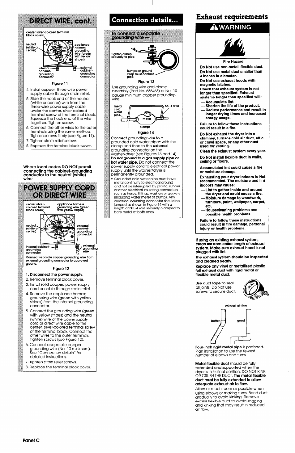 Connection details, Exhaust requirements, Exhaust requirements a | Direct wire, cont, Pc5wer supply cord or direct wire, Warning | Whirlpool 3397612 User Manual | Page 4 / 9