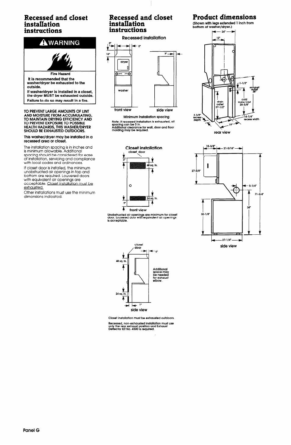 Recessed and closet, Installation, Instructions | Warning, Product dimensions, Recessed and closet installation instructions | Whirlpool 3397612 User Manual | Page 8 / 9