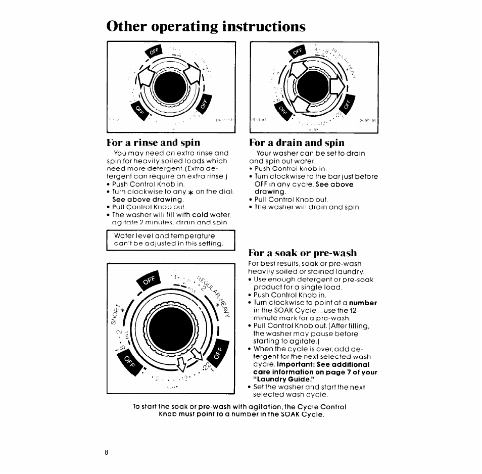 Other operating instructions, For a rinse and spin, For a drain and spin | For a soak or pre-wash | Whirlpool LA3800XM User Manual | Page 8 / 12