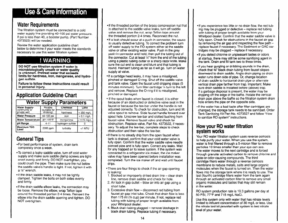 Use & care information, Warning, Water supplì/ parameters | Water requirements, Application guideiine chart, Generai tips, How your ro water filtration system works | Whirlpool WSR413YW0 User Manual | Page 14 / 18