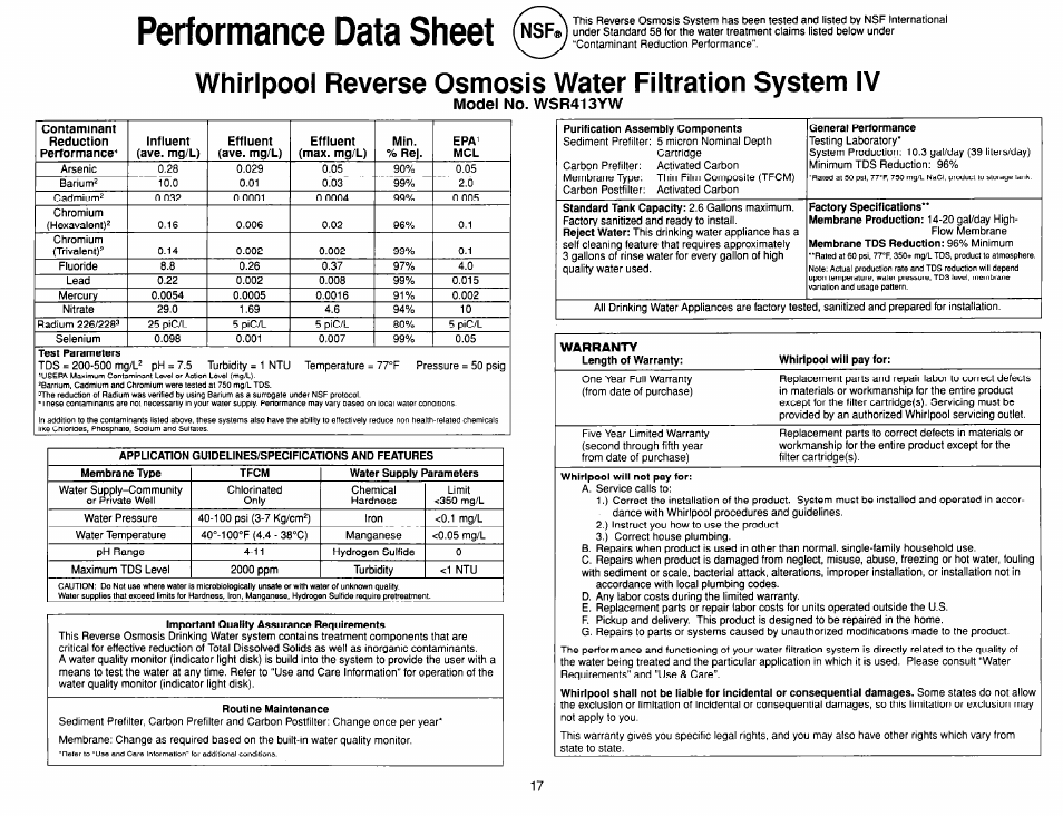 Performance data sheet, Model no. wsr413yw, Warranty | Whirlpool WSR413YW0 User Manual | Page 17 / 18