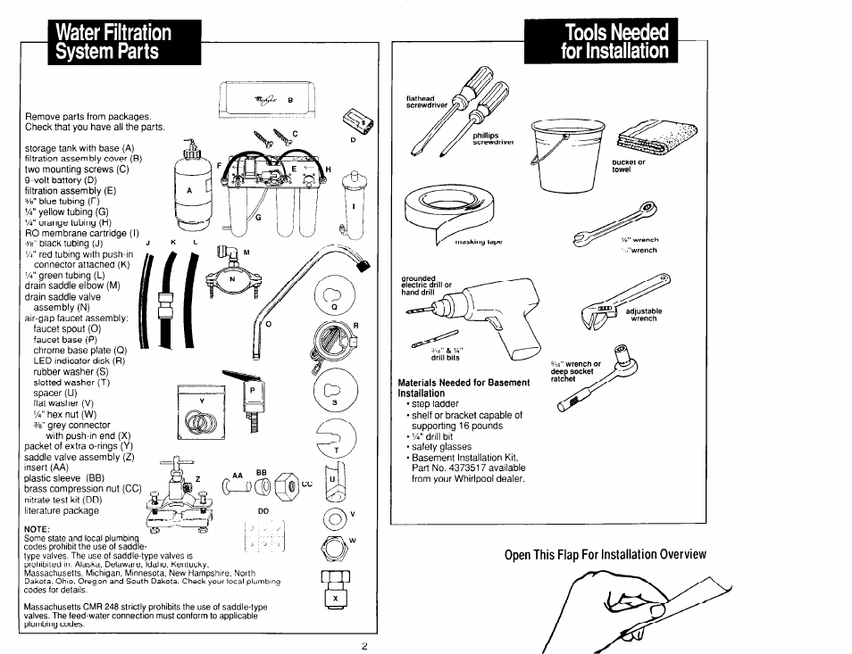 Water filtration tools needed system parts, For installation, Open this flap for installation overview | Whirlpool WSR413YW0 User Manual | Page 2 / 18