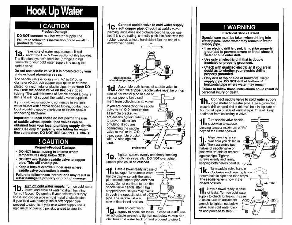 Hook up water, Caution, Warning | Whirlpool WSR413YW0 User Manual | Page 5 / 18