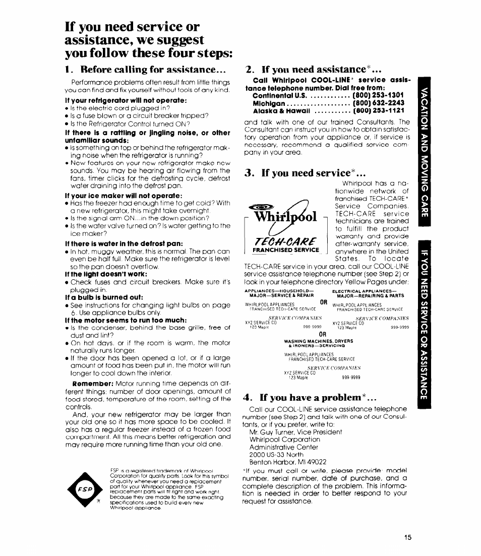 Before calling for assistance, If you need assistance, If you need service | If you have a problem, If you need service 4. if you have a problem, Whirlpool, Rfg^-ga^f | Whirlpool ET1 8MK User Manual | Page 15 / 16