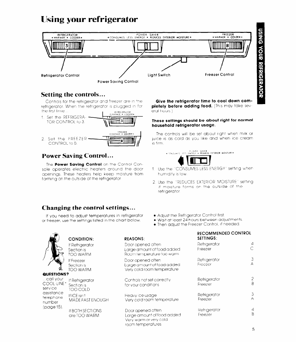 Using your refrigerator, Setting the controls, Power saving control | Changing the control settings | Whirlpool ET1 8MK User Manual | Page 5 / 16