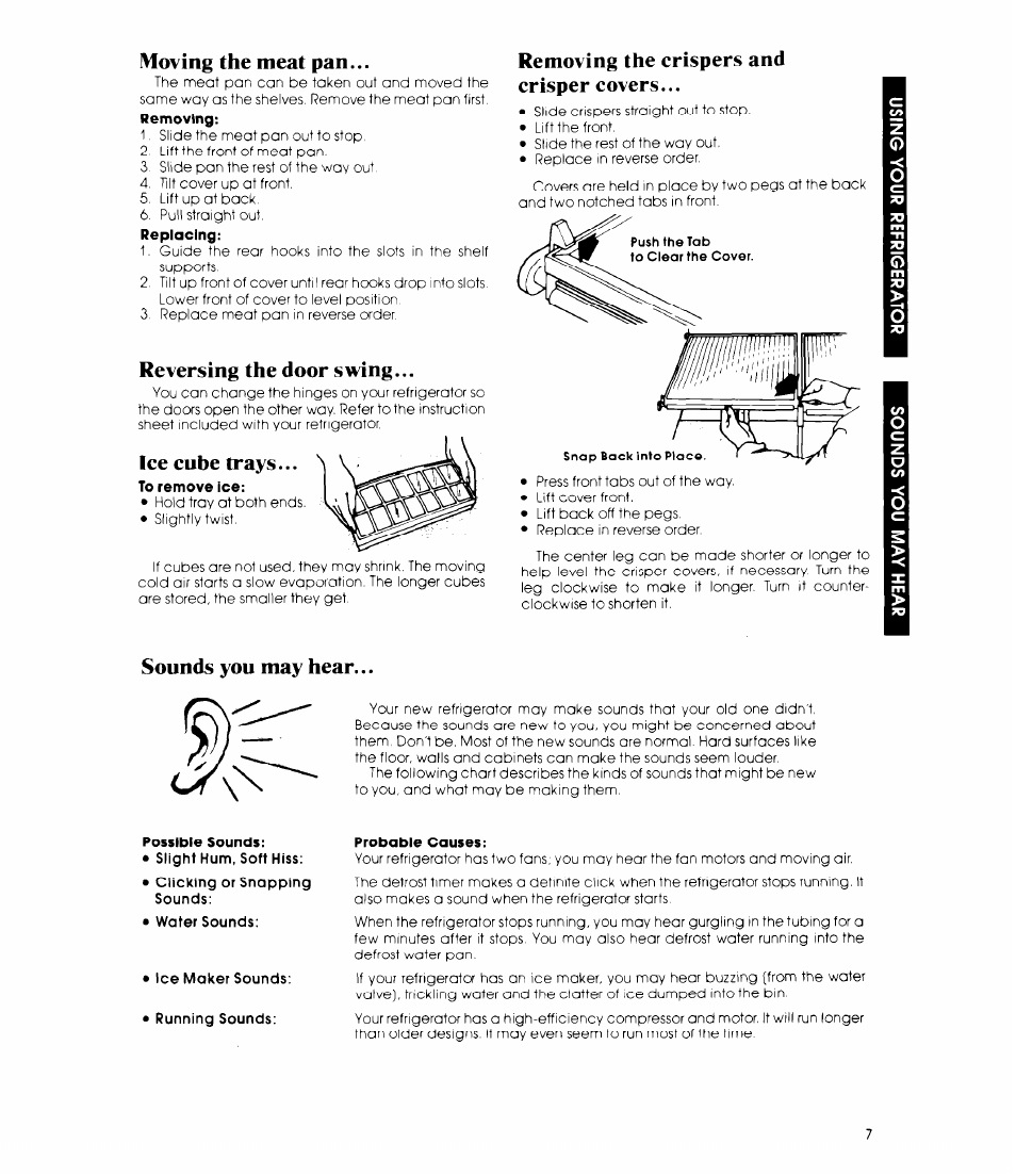 Moving the meat pan, Reversing the door swing, Removing the crispers and crisper covers | Sounds you may hear, Probable causes, Soungs you may hear, Ice cube trays, Mk lit 1 | Whirlpool ET1 8MK User Manual | Page 7 / 16