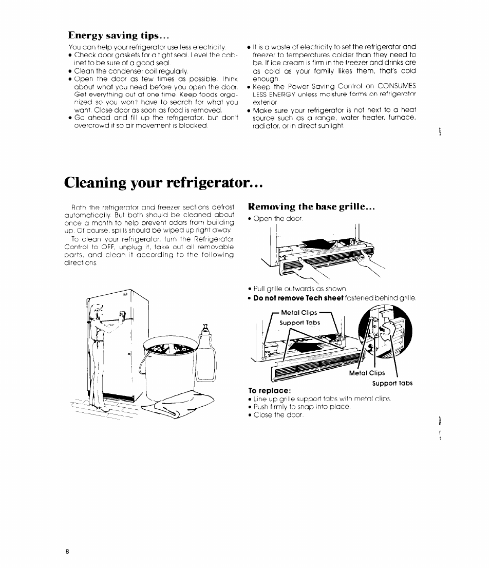 Energy saving tips, Cleaning your refrigerator, Removing the base grille | Whirlpool ET1 8MK User Manual | Page 8 / 16
