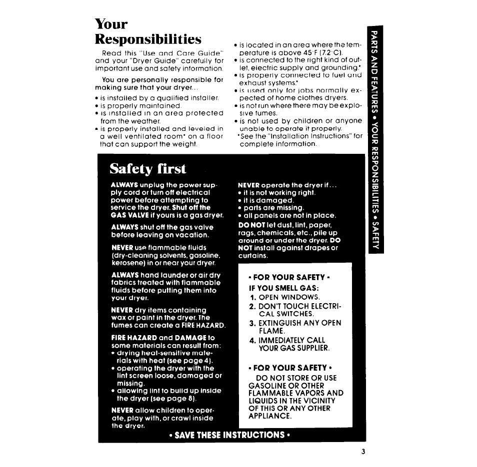 Your, Responsibilities, Safety first | For your safety, Your responsibilities | Whirlpool 3LG57OlXP User Manual | Page 3 / 12