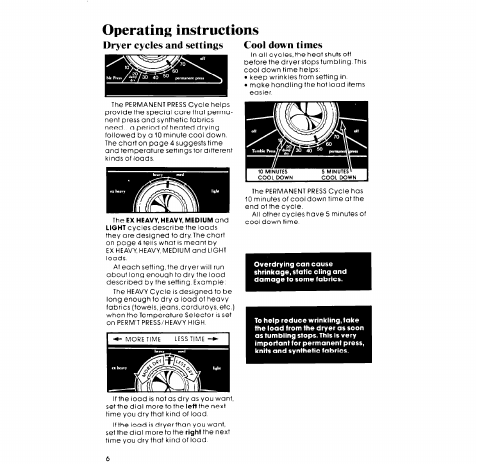 Operating instructions, Dryer cycles and settings, Cool down times | Whirlpool 3LG57OlXP User Manual | Page 6 / 12
