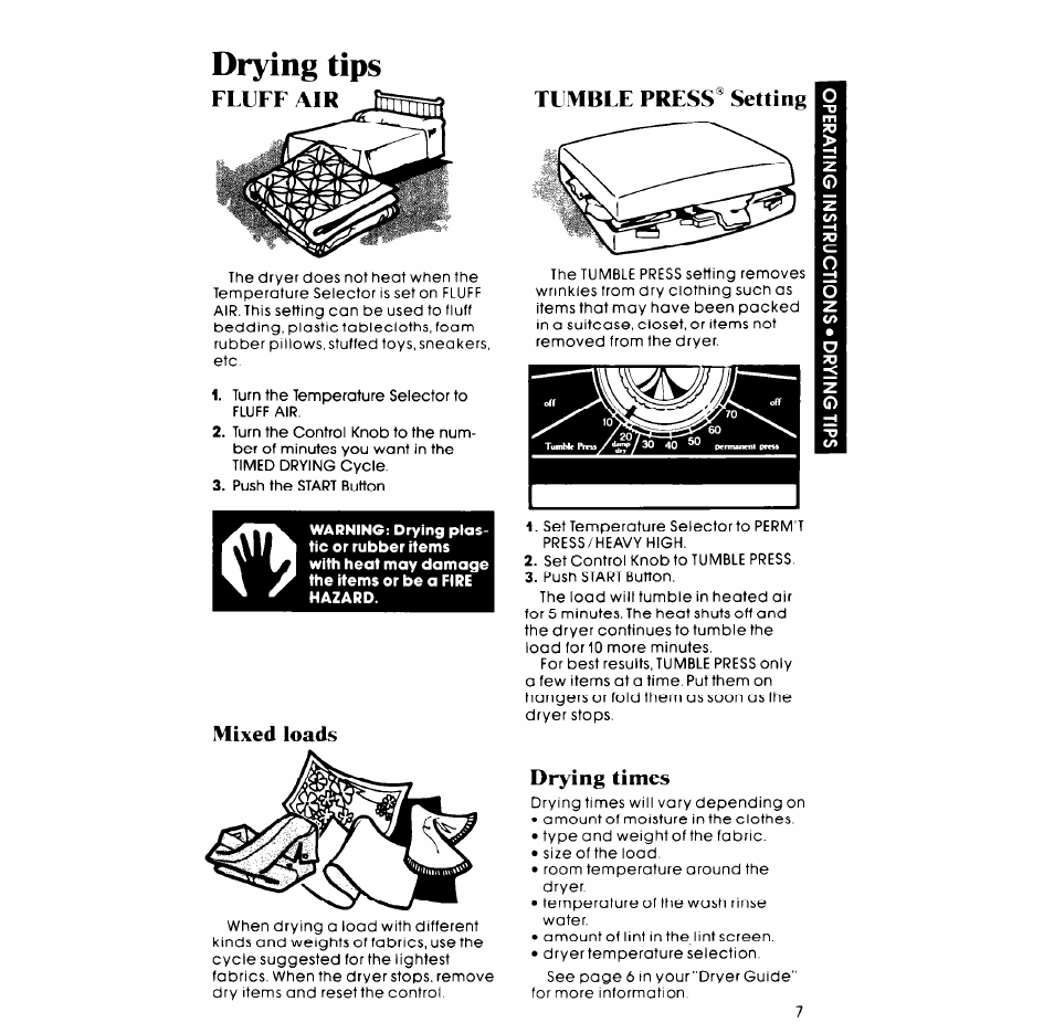Drying tips, Fluff air, Tumble press® setting | Drying times, Mixed loads | Whirlpool 3LG57OlXP User Manual | Page 7 / 12