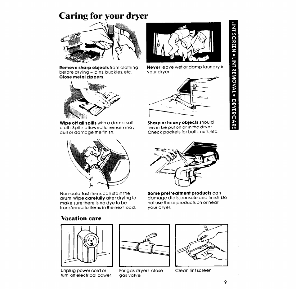 Caring for your dryer, Vacation care | Whirlpool 3LG57OlXP User Manual | Page 9 / 12