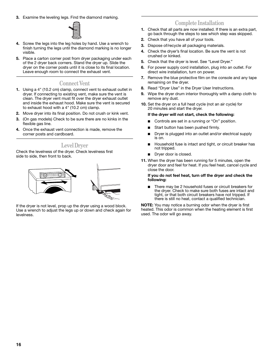 Connect vent, Level dryer, Complete installation | Whirlpool duet GEW9260PL1 User Manual | Page 16 / 28