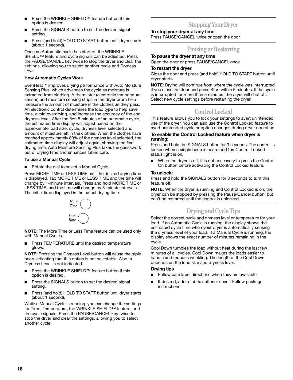 Stopping your dryer, Pausing or restarting, Control locked | Drying and cycle tips | Whirlpool duet GEW9260PL1 User Manual | Page 18 / 28