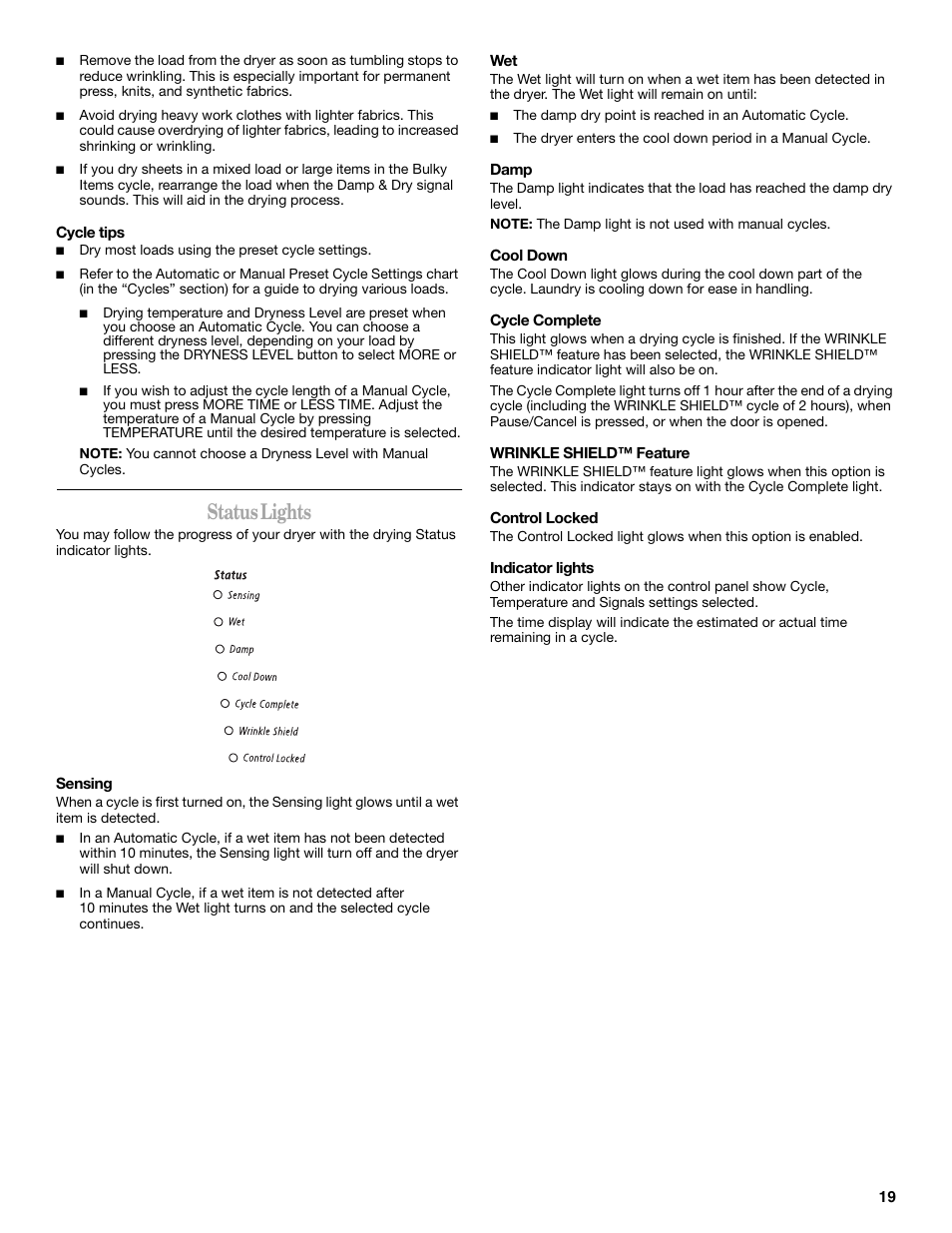 Status lights | Whirlpool duet GEW9260PL1 User Manual | Page 19 / 28