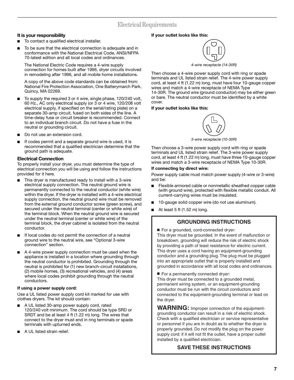 Electrical requirements, Warning, Grounding instructions save these instructions | Whirlpool duet GEW9260PL1 User Manual | Page 7 / 28