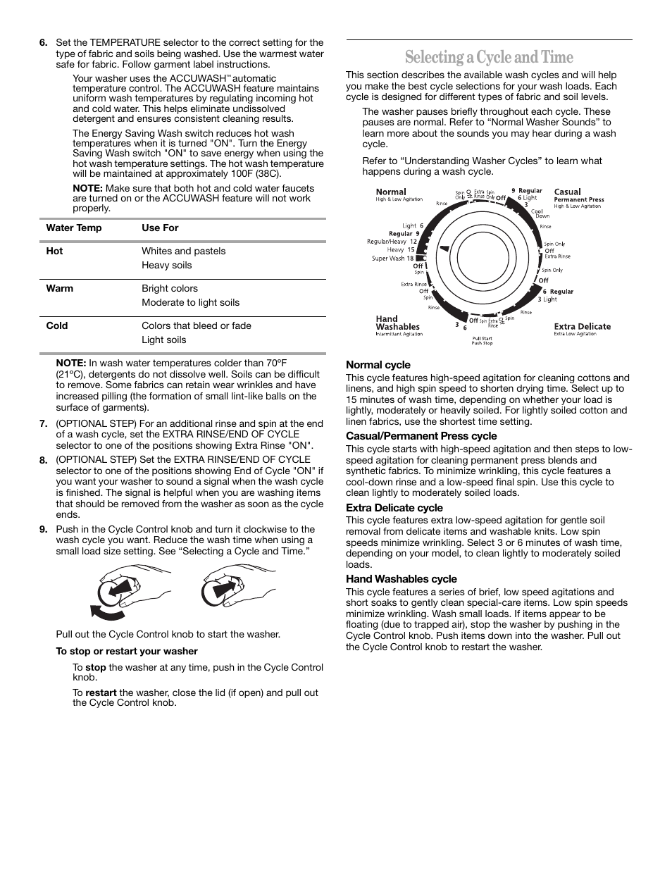 Selecting a cycle and time | Whirlpool Gold GSW9550KQ0 User Manual | Page 7 / 12