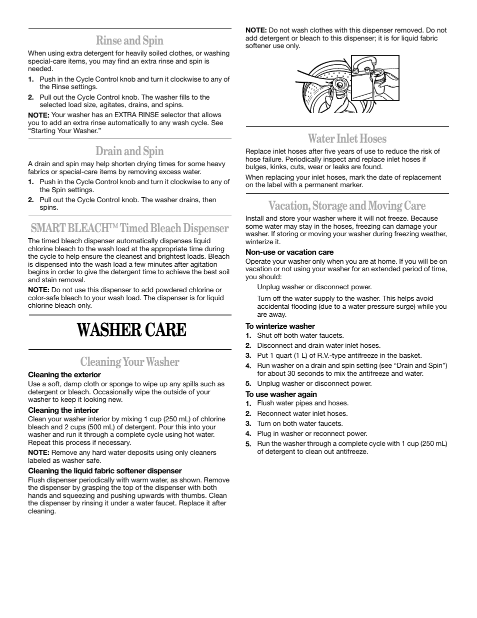 Washer care, Rinse and spin, Drain and spin | Smart bleach™ timed bleach dispenser, Cleaning your washer, Water inlet hoses, Vacation, storage and moving care | Whirlpool Gold GSW9550KQ0 User Manual | Page 8 / 12