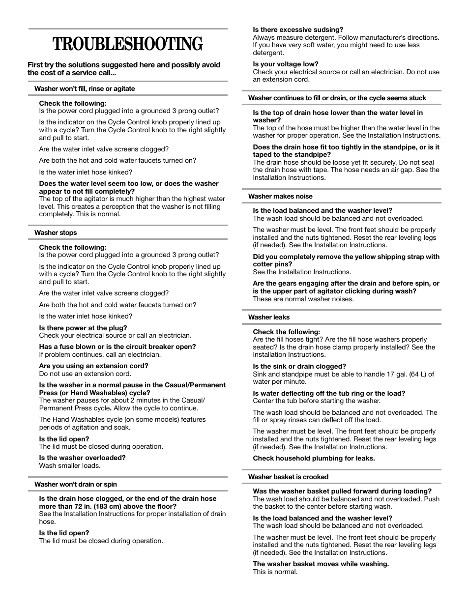 Troubleshooting | Whirlpool Gold GSW9550KQ0 User Manual | Page 9 / 12