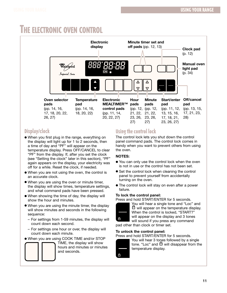 He electronic oven control, Display/clock, Using the control lock | Using your range | Whirlpool F195LEH User Manual | Page 11 / 40