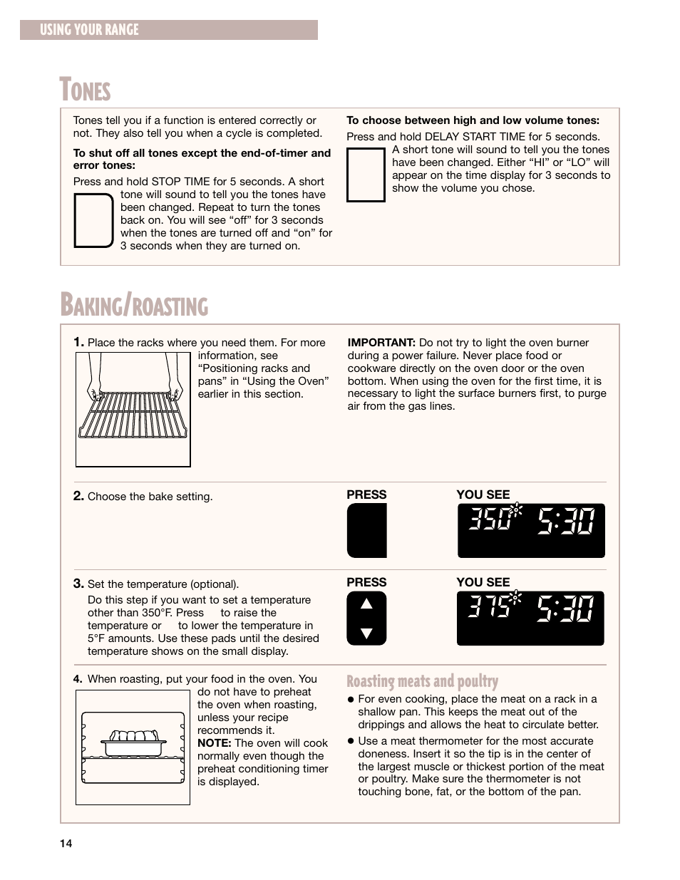 Ones, Aking, Roasting | Roasting meats and poultry, Using your range | Whirlpool F195LEH User Manual | Page 14 / 40