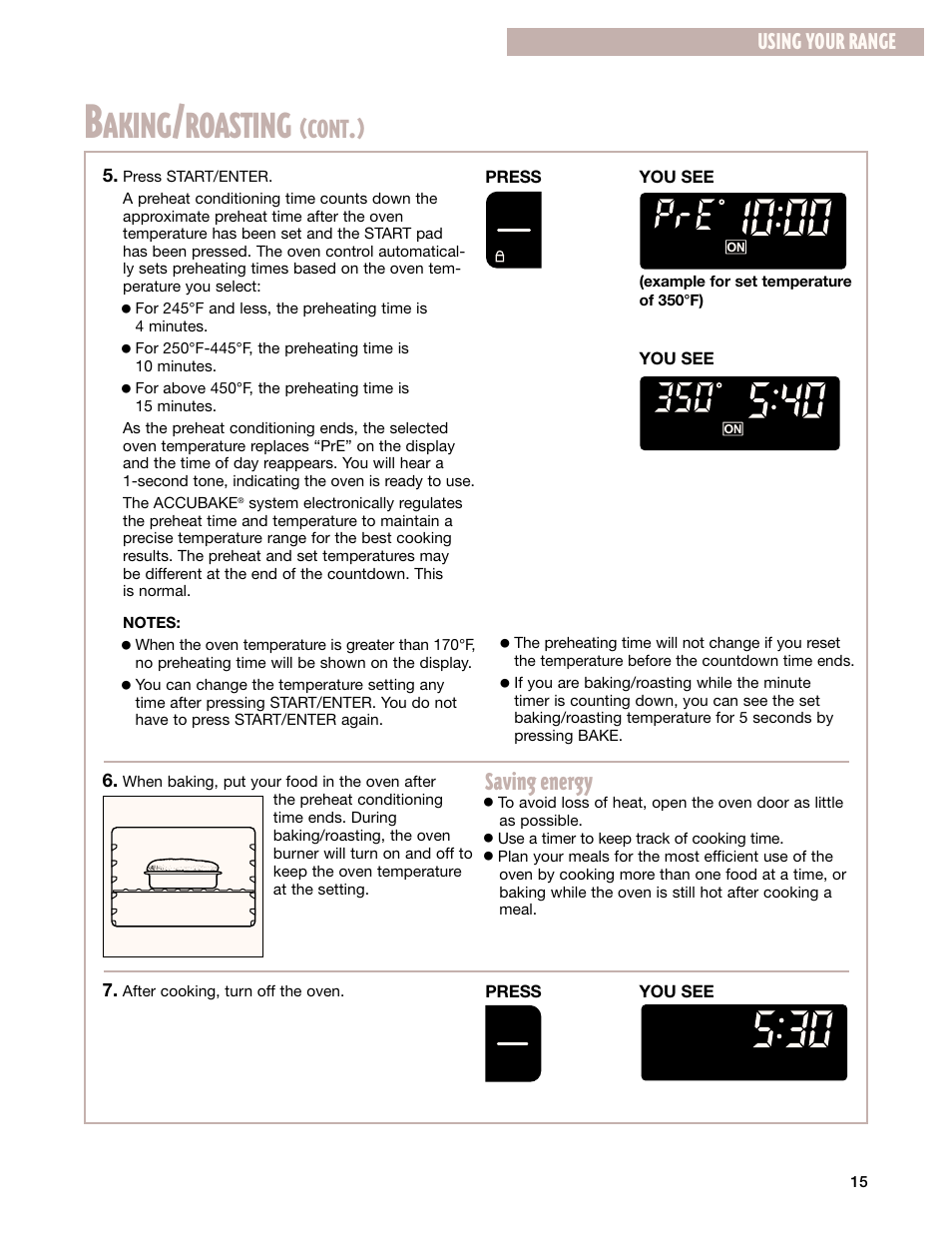 Aking, Roasting, Cont | Saving energy, Using your range | Whirlpool F195LEH User Manual | Page 15 / 40