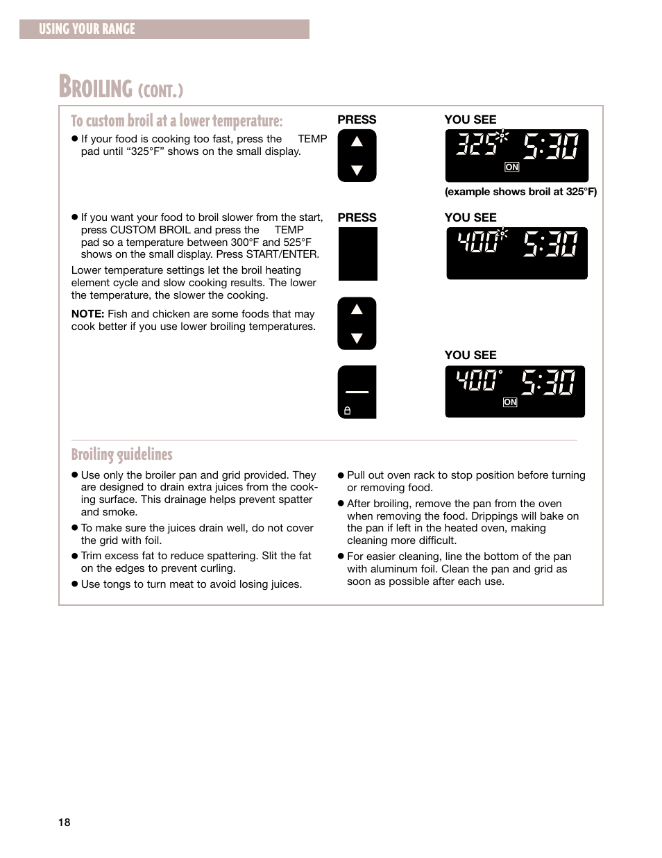 Roiling, Cont, Broiling guidelines | Using your range | Whirlpool F195LEH User Manual | Page 18 / 40
