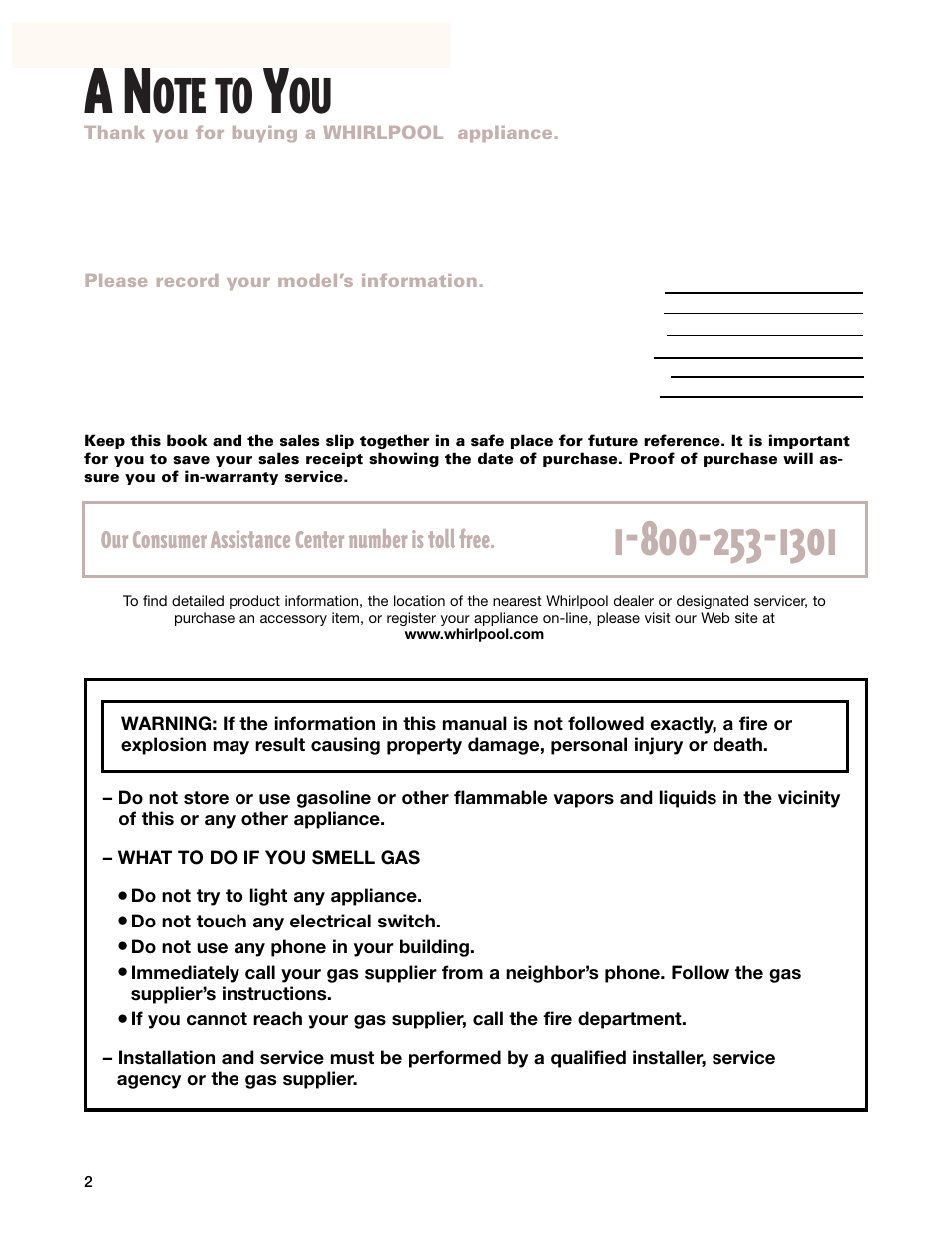 Ote to, Our consumer assistance center number is toll free | Whirlpool F195LEH User Manual | Page 2 / 40