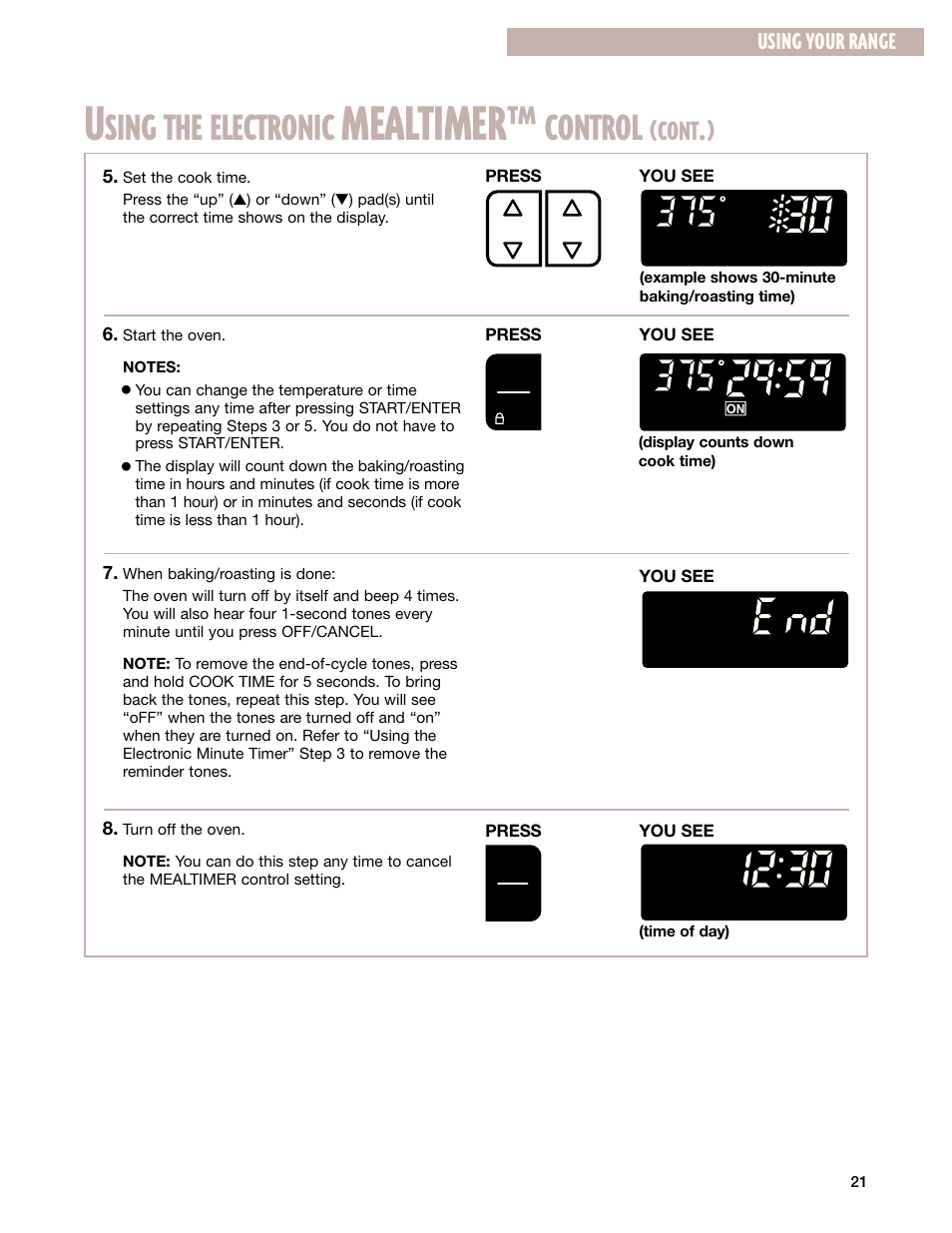 Mealtimer, Sing the electronic, Control | Cont, Using your range | Whirlpool F195LEH User Manual | Page 21 / 40