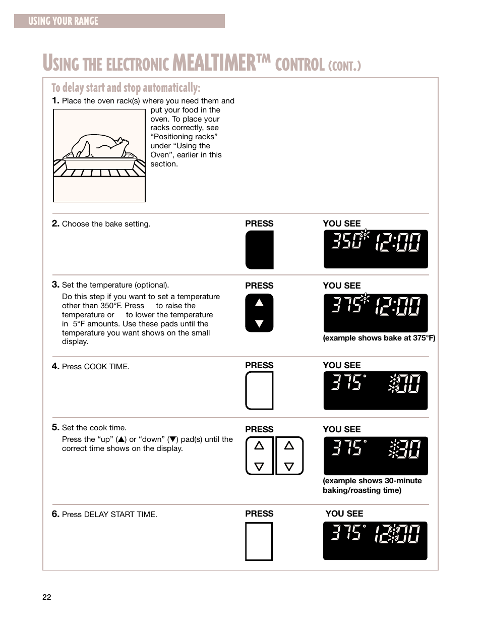 Mealtimer, Sing the electronic, Control | Cont, Using your range | Whirlpool F195LEH User Manual | Page 22 / 40