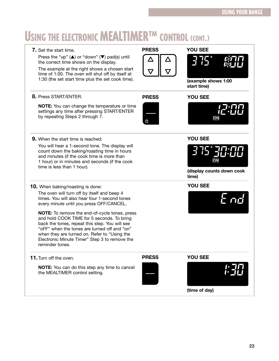 Mealtimer, Sing the electronic, Control | Cont, Using your range | Whirlpool F195LEH User Manual | Page 23 / 40