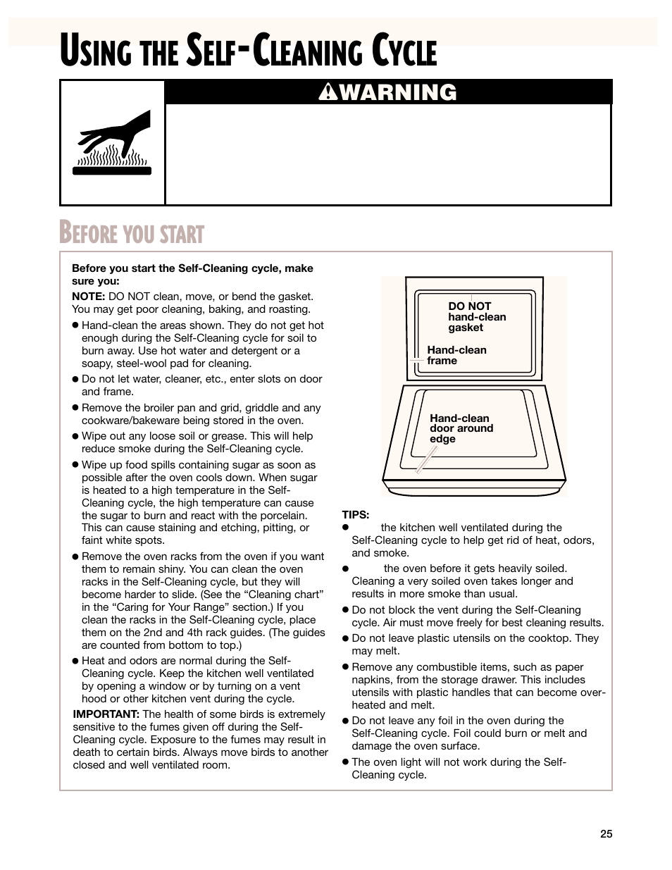 Sing the, Leaning, Ycle | Efore you start, Wwarning | Whirlpool F195LEH User Manual | Page 25 / 40