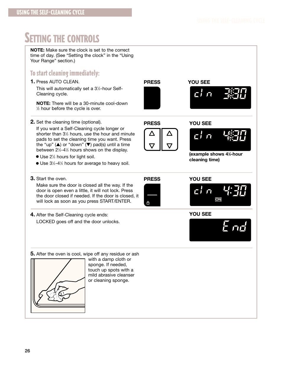 Etting the controls, Using the self-cleaning cycle | Whirlpool F195LEH User Manual | Page 26 / 40