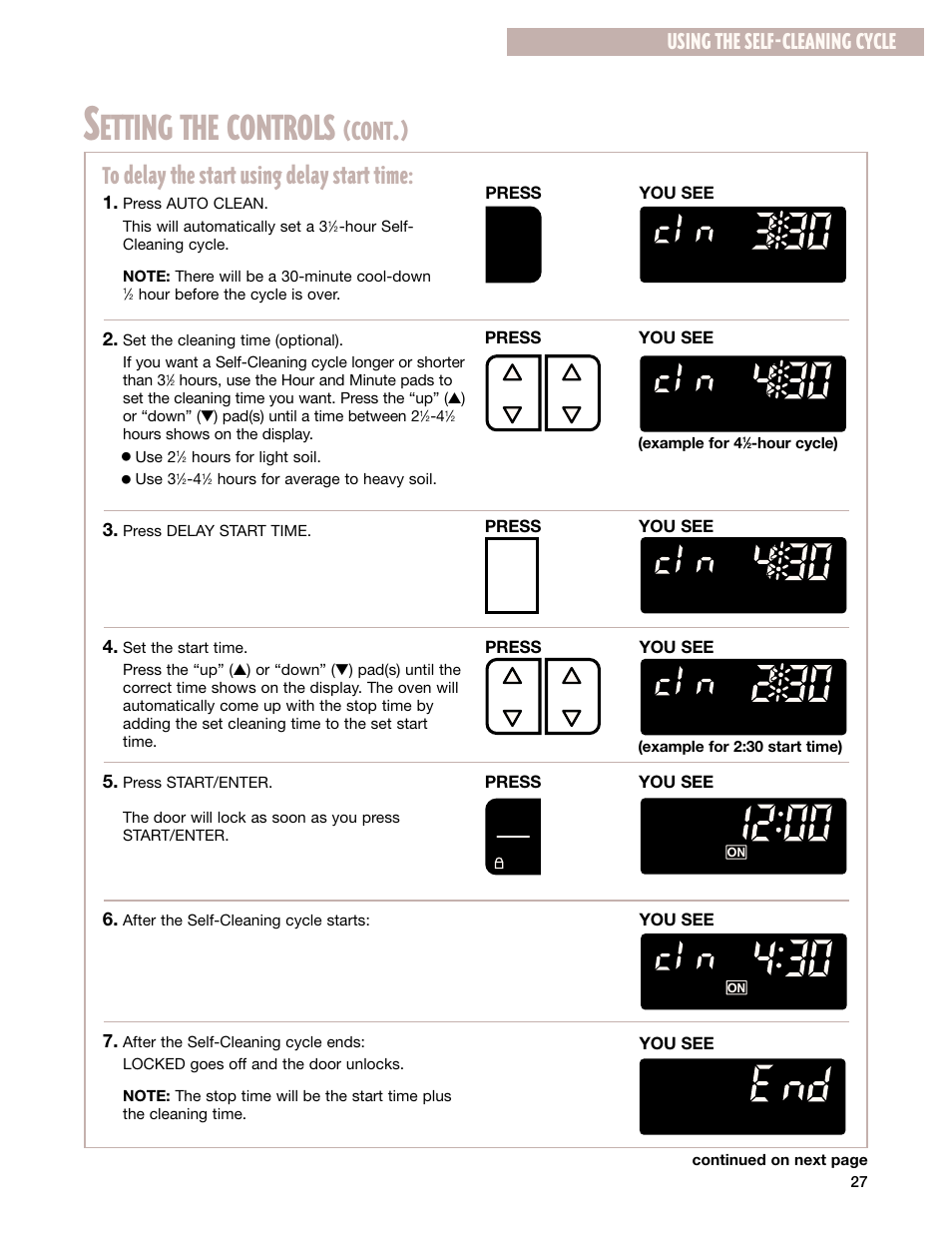 Etting the controls, Cont, Using the self-cleaning cycle | Whirlpool F195LEH User Manual | Page 27 / 40