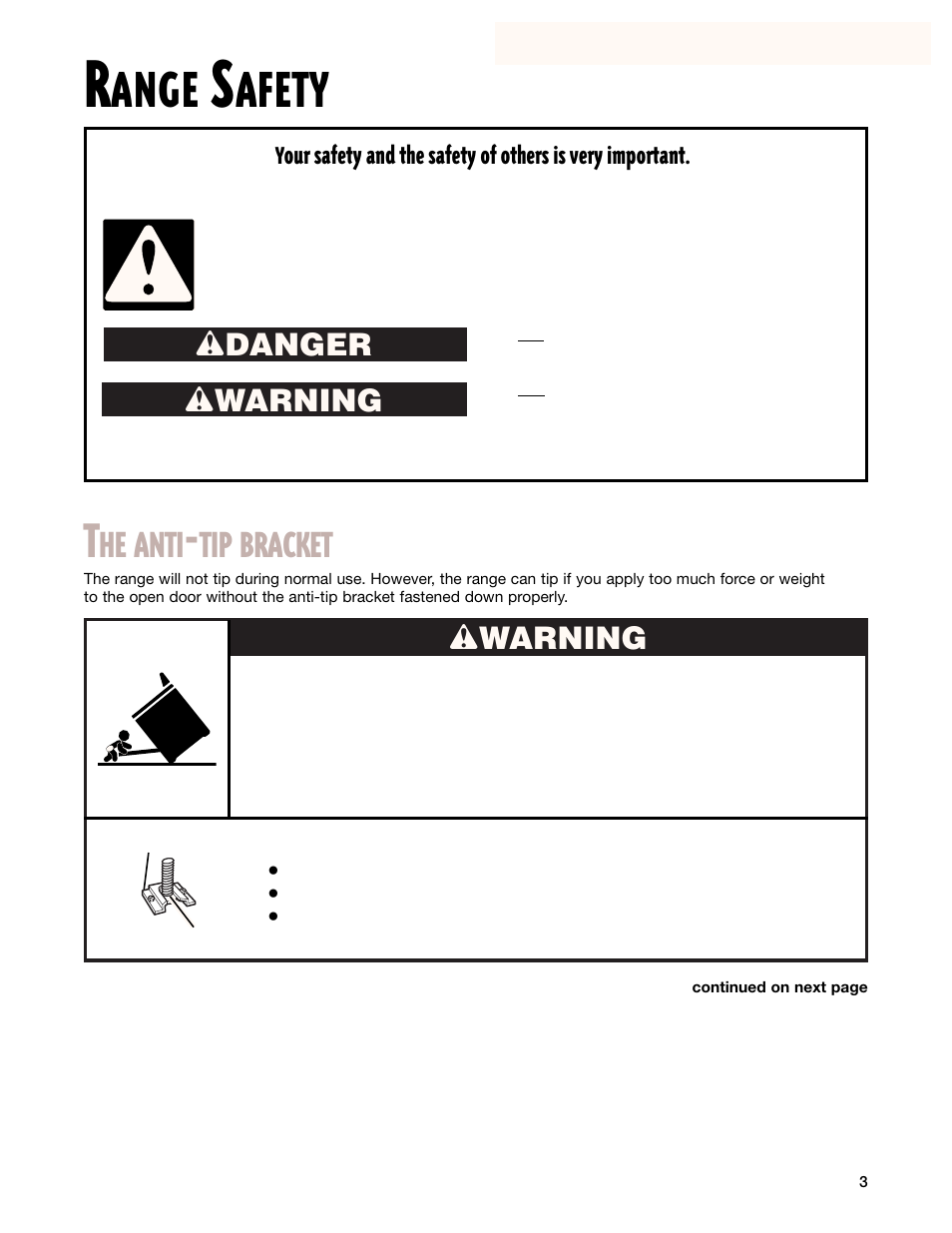 Ange, Afety, He anti | Tip bracket, Wdanger w warning, Wwarning | Whirlpool F195LEH User Manual | Page 3 / 40