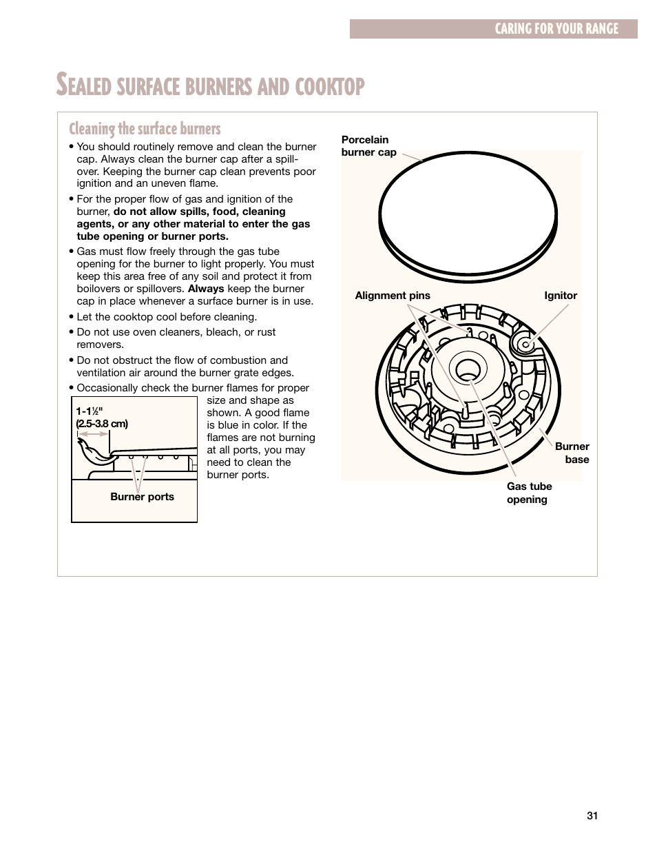 Ealed surface burners and cooktop, Cleaning the surface burners, Caring for your range | Whirlpool F195LEH User Manual | Page 31 / 40