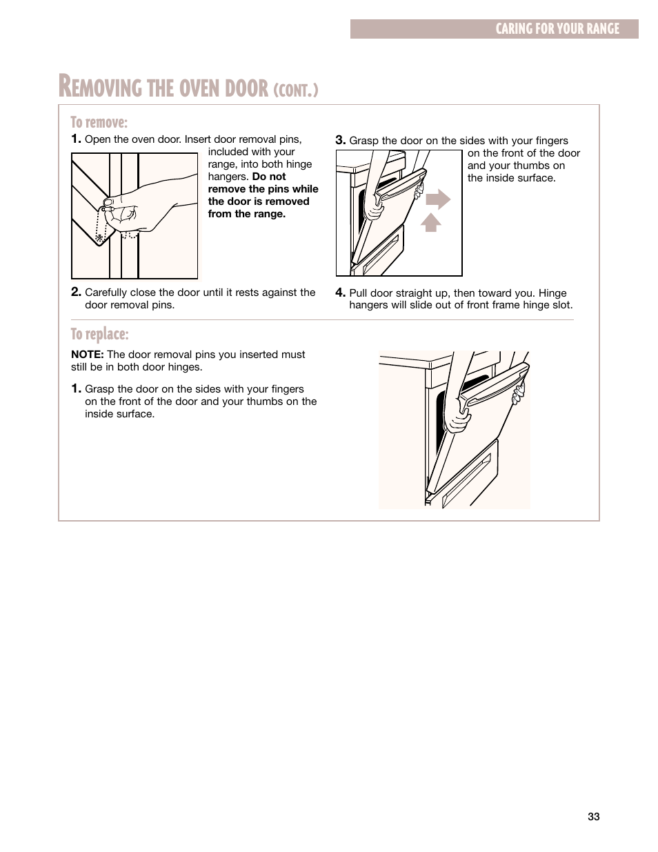 Emoving the oven door, Cont | Whirlpool F195LEH User Manual | Page 33 / 40