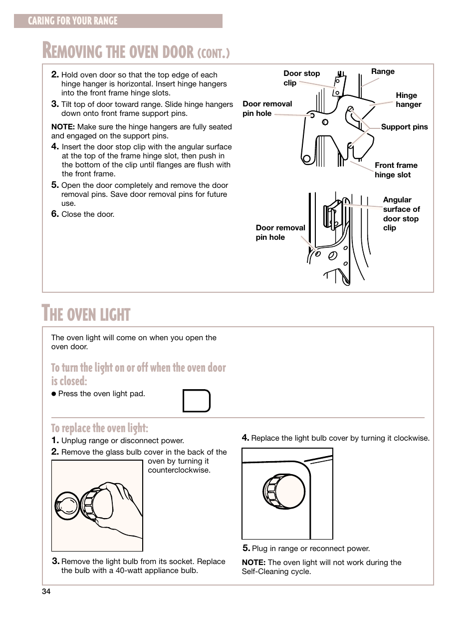 He oven light, Emoving the oven door, Cont | Caring for your range | Whirlpool F195LEH User Manual | Page 34 / 40