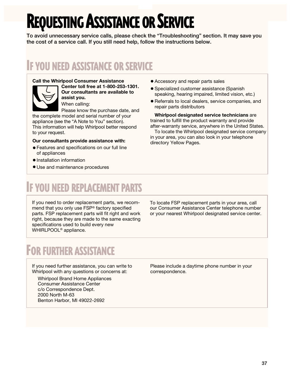 Equesting, Ssistance, Ervice | Need, Assistance, Service, Replacement, Parts, Further | Whirlpool F195LEH User Manual | Page 37 / 40