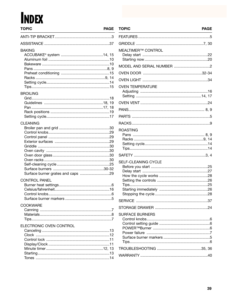 Ndex | Whirlpool F195LEH User Manual | Page 39 / 40