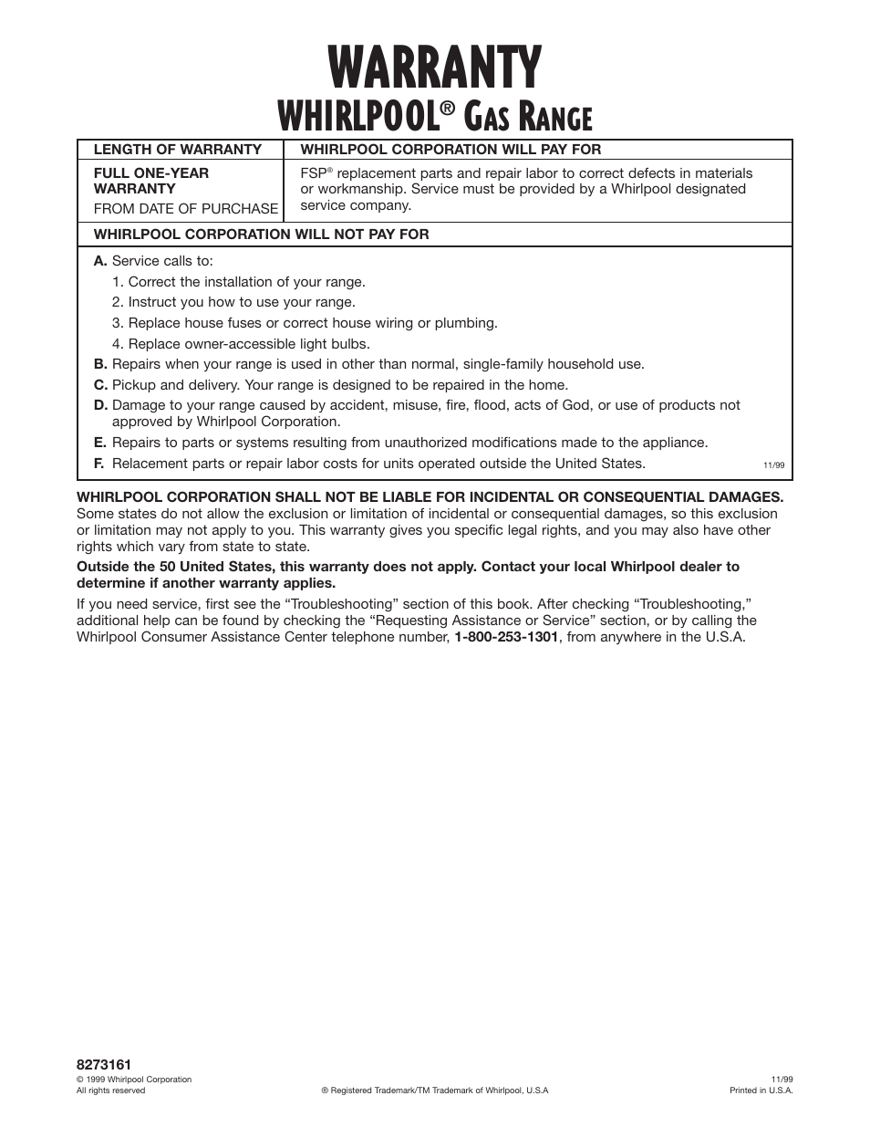 Warranty, Whirlpool, Ange | Whirlpool F195LEH User Manual | Page 40 / 40